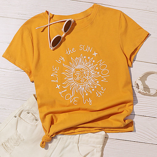 

Women's T shirt Cartoon Print Round Neck Tops Cotton Yellow