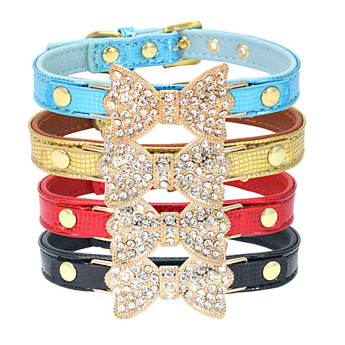 

Cat Dog Collar Adjustable / Retractable Rhinestone Bowknot PU Leather Golden Black Red Blue Pink