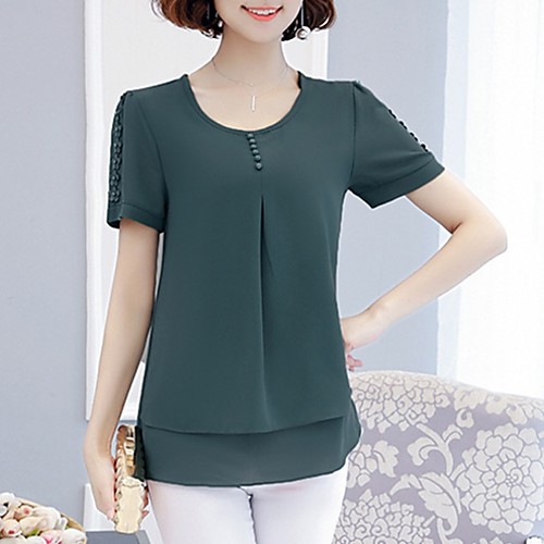 

Women's Blouse Shirt Solid Colored Layered Pleated Round Neck Tops Red Yellow Orange