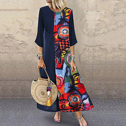 

Women's Plus Size Maxi A Line Dress - 3/4 Length Sleeve Print Spring & Summer Plus Size Abaya Holiday Vacation Red Yellow M L XL XXL XXXL XXXXL XXXXXL / Cotton