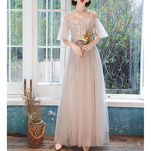 

A-Line V Neck Floor Length Tulle Bridesmaid Dress with Appliques
