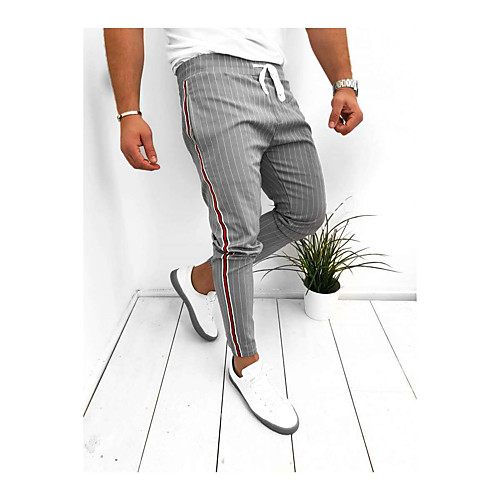 

Men's Basic Chinos Pants Striped Full Length Drawstring Stripe Navy Black Gray