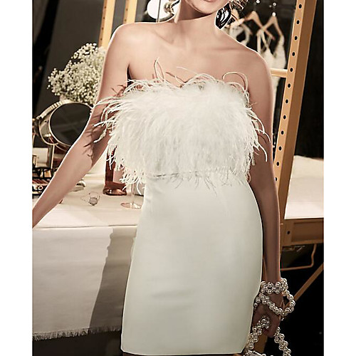 

Sheath / Column Wedding Dresses Strapless Short / Mini Satin Feather Sleeveless Country Plus Size with Feathers / Fur 2021