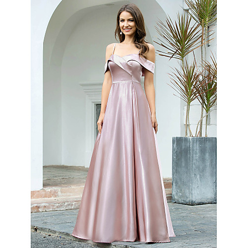 

A-Line Empire Wedding Guest Prom Dress Spaghetti Strap Short Sleeve Floor Length Satin Polyester with Sleek 2021