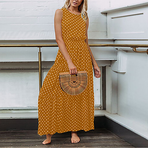 

Women's Sheath Dress Maxi long Dress Yellow Black Navy Blue Sleeveless Polka Dot Pleated Basic Round Neck Streetwear Boho Going out Beach S M L XL XXL 3XL / Cotton / Cotton