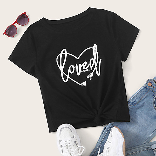 

Women's T shirt Cartoon Print Round Neck Tops Cotton Black