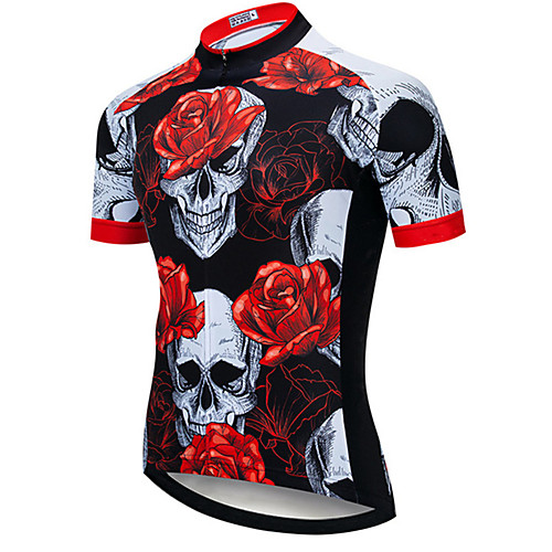 

21Grams Men's Short Sleeve Cycling Jersey Summer Spandex Polyester Black / Red Sugar Skull Skull Floral Botanical Bike Jersey Top Mountain Bike MTB Road Bike Cycling UV Resistant Quick Dry Breathable