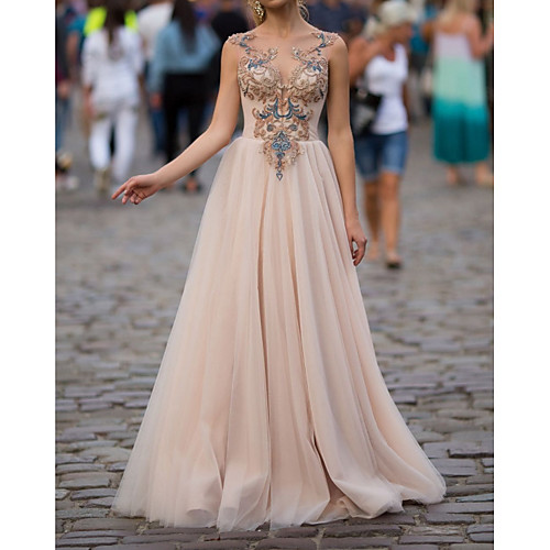 

A-Line Luxurious Sexy Engagement Formal Evening Dress Illusion Neck Sleeveless Floor Length Polyester with Appliques 2021