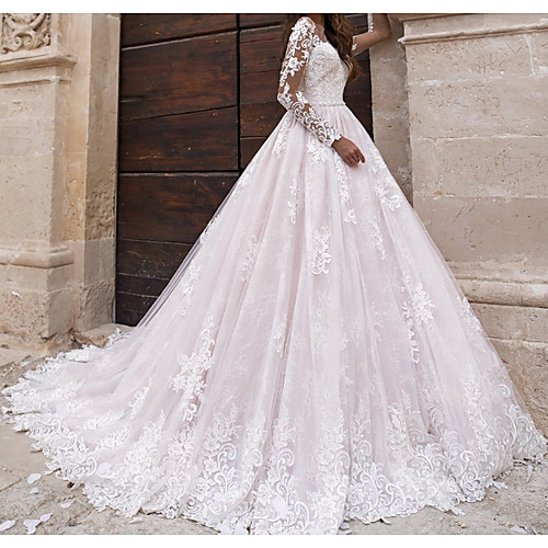 

A-Line Wedding Dresses Jewel Neck Sweep / Brush Train Lace Tulle Polyester Long Sleeve Country Plus Size with Lace Embroidery 2021