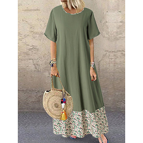 

Women's Loose Maxi long Dress Khaki Green Short Sleeve Floral Sequins Tassel Fringe Summer Round Neck Hot Elegant Loose Floral L XL XXL 3XL 4XL