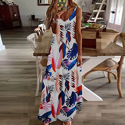 

Women's Strap Dress Maxi long Dress Blue Yellow Rainbow White Black Sleeveless Blue & White Color Block Geometric Basic Print Summer Vintage Style Hot Casual Slim 2021 S M L XL XXL 3XL 4XL 5XL