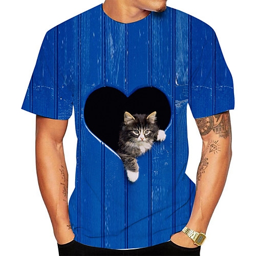 

Men's Plus Size Striped 3D Cat Print T-shirt Basic Daily Going out Round Neck Royal Blue / Short Sleeve / Animal