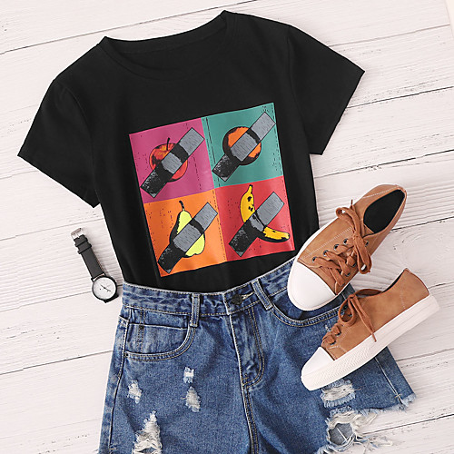 

Women's T shirt Cartoon Print Round Neck Tops Cotton Black