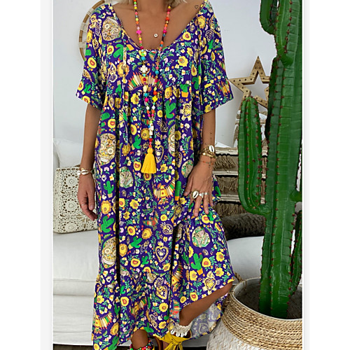 

Women's Plus Size Dress Loose Maxi long Dress Purple Short Sleeve Geometric Print Summer U Neck Casual Loose 2021 L XL XXL 3XL 4XL