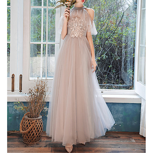 

A-Line Halter Neck Floor Length Tulle Bridesmaid Dress with Ruffles / Appliques / Illusion Sleeve / See Through