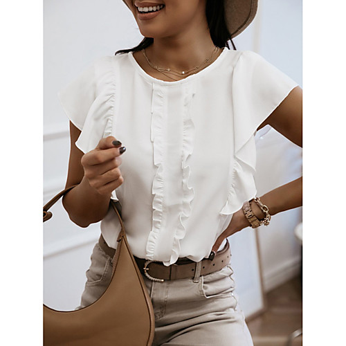 

Women's Blouse Shirt Solid Colored Ruffle Round Neck Basic Tops Khaki