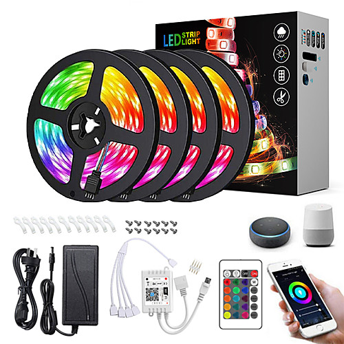 

LED Strip Lights Dimmable App Control Waterproof 20M(4x5M) RGB Tiktok Lights Intelligent Dimming Flexible 5050 SMD 600 LEDs IR 24 Key Controller with Installation Package 12V 8A Adapter Kit