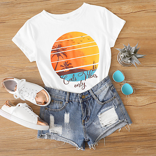 

Women's T shirt Scenery Print Round Neck Tops Cotton White