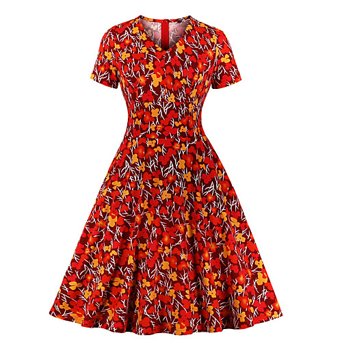 

Women's A Line Dress Midi Dress Red Short Sleeve Print V Neck S M L XL XXL