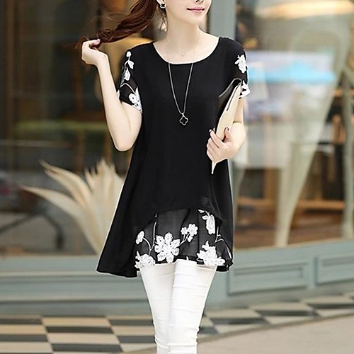 

Women's Blouse Shirt Floral Flower Layered Patchwork Print Round Neck Tops White Black