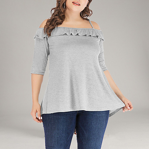 

Women's Blouse Solid Colored Plus Size Criss Cross Ruffle Half Sleeve Daily Tops Basic Light gray