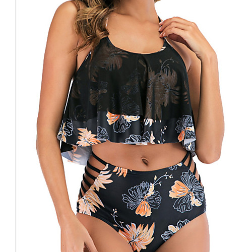 

Women's Tankini Swimsuit Floral Black Swimwear Bathing Suits / Padded Bras
