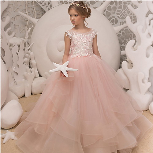 

Ball Gown Floor Length Flower Girl Dresses Wedding Polyester Sleeveless Jewel Neck with Ruffles