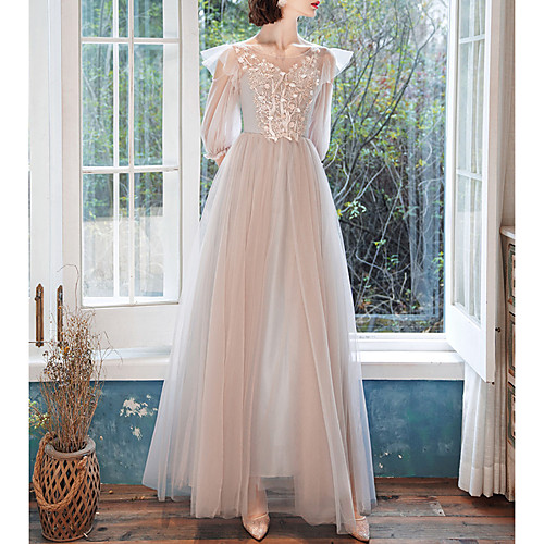 

A-Line Jewel Neck Floor Length Tulle Bridesmaid Dress with Appliques