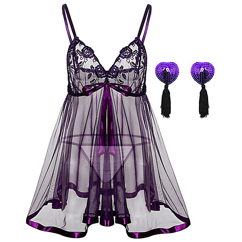 

Women's Lace / Sequins / Cut Out Plus Size Erotic Suits Nightwear Solid Colored Purple Black S M L