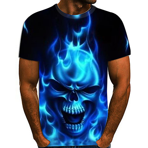 

Men's T shirt Shirt Color Block 3D Skull Plus Size Print Short Sleeve Daily Tops Rock Exaggerated Round Neck Rainbow / Sports
