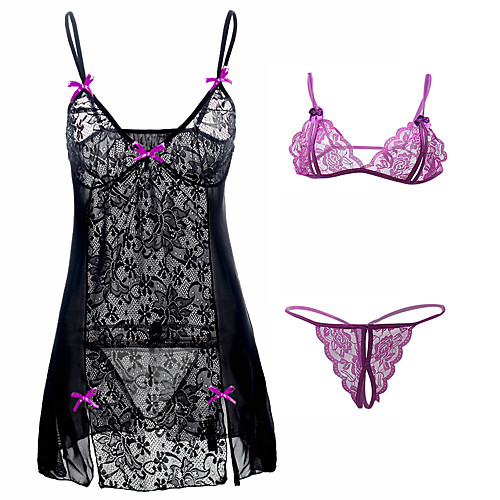 

Women's Backless Cut Out Lace Plus Size Super Sexy Suits Nightwear Color Block Purple / Blushing Pink / Black S M L / Bow / Deep V / Bow