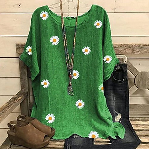 

Women's Blouse Shirt Floral Flower Print Round Neck Tops Wine Green Gray