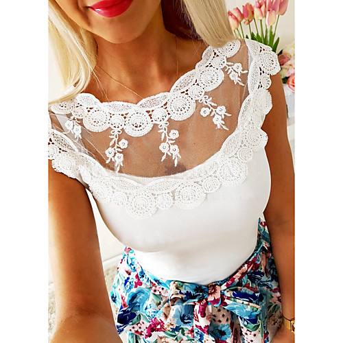 

Women's Blouse Solid Colored Lace Patchwork Short Sleeve Daily Tops Basic White