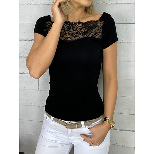 

Women's Blouse Solid Colored Lace Short Sleeve Daily Tops Basic Black Beige Gray