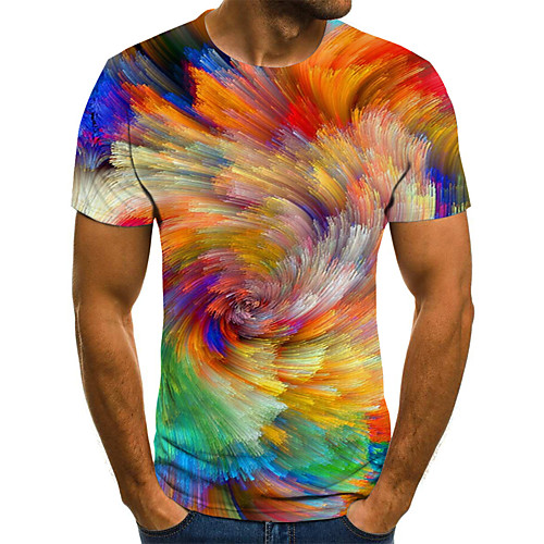 

Men's T shirt Shirt Graphic Geometric 3D Plus Size Pleated Print Short Sleeve Daily Tops Streetwear Exaggerated Round Neck Rainbow