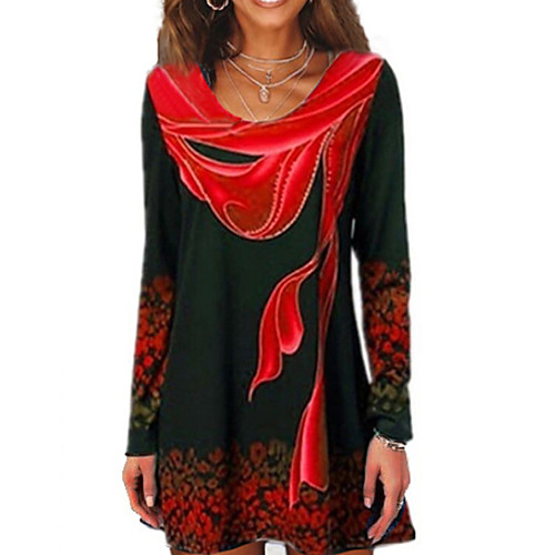 

Women's T shirt Geometric Long Sleeve Round Neck Tops Blue Red Green
