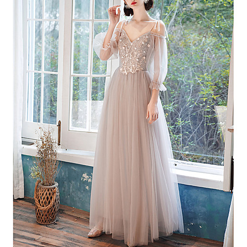 

A-Line Plunging Neck Floor Length Tulle Bridesmaid Dress with Appliques