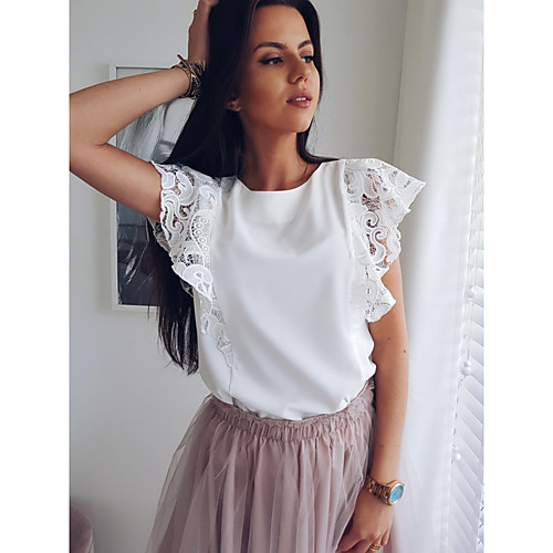 

Women's Solid Colored Lace Trims Slim T-shirt Daily White