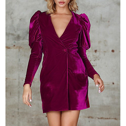 

Women's Bodycon Short Mini Dress Purple Long Sleeve Solid Color Spring & Summer Fall & Winter V Neck Hot Glittering Party Puff Sleeve S M L / Velvet