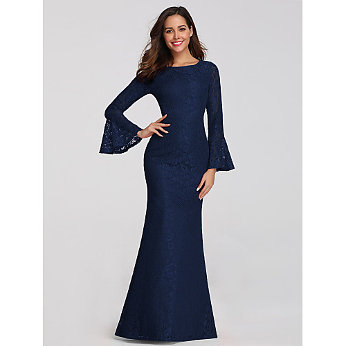 

Mermaid / Trumpet Elegant Wedding Guest Formal Evening Dress Boat Neck Long Sleeve Floor Length Lace with Sleek 2021 / Illusion Sleeve