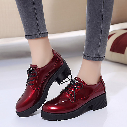 

Women's Oxfords Block Heel Low Heel Round Toe British Daily Walking Shoes Patent Leather Solid Colored Burgundy Black