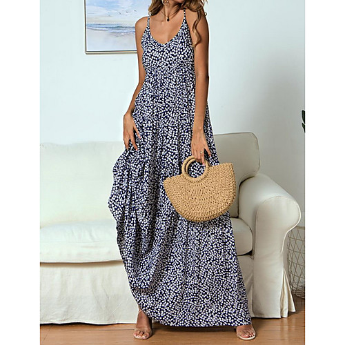

Women's Strap Dress Maxi long Dress Red Navy Blue Sleeveless Print Hot S M L XL