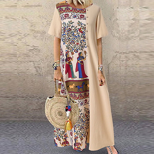 

Women's A Line Dress Maxi long Dress Khaki Black Short Sleeve Color Block Round Neck L XL XXL 3XL 4XL
