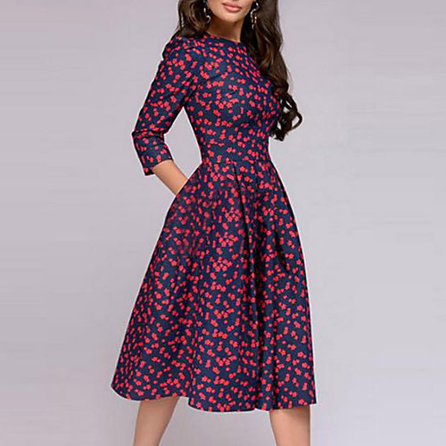

Women's A Line Dress Midi Dress Red Sleeveless Floral Pleated Patchwork Print Crew Neck Hot Elegant Belt Not Included S M L XL XXL