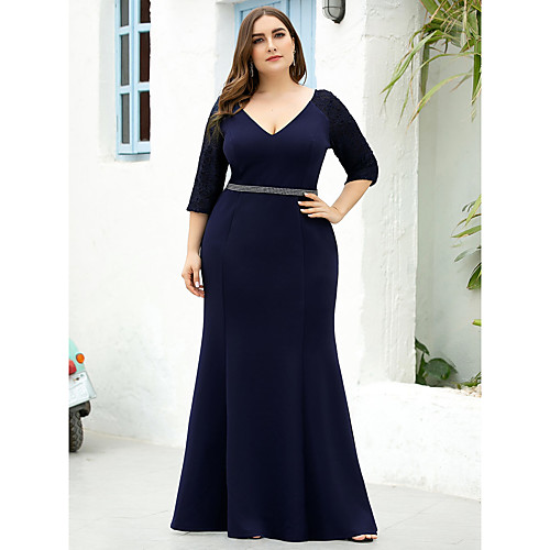 

Mermaid / Trumpet Mother of the Bride Dress Plus Size Vintage Plunging Neck Floor Length Lace Polyester 3/4 Length Sleeve with Sash / Ribbon 2021