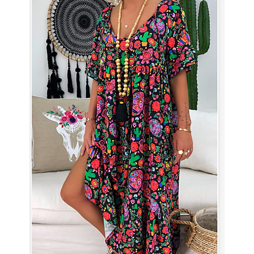 

Women's Loose Maxi long Dress Black Short Sleeve Geometric Print Summer U Neck Hot Casual Loose 2021 S M L XL XXL 3XL 4XL 5XL / Plus Size / Plus Size