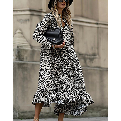 

Women's Shirt Dress Midi Dress Black Long Sleeve Leopard V Neck Hot S M L XL XXL 3XL