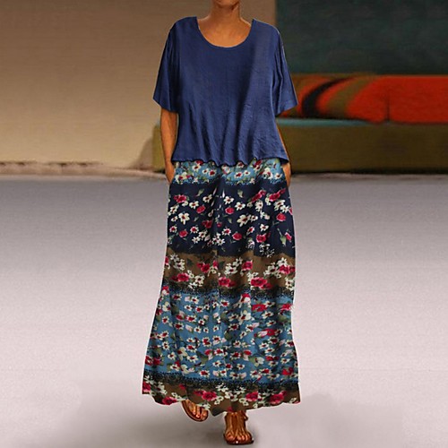 

Women's Two Piece Dress Maxi long Dress Blue Green Red Half Sleeve Floral Round Neck Loose M L XL XXL 3XL 4XL 5XL