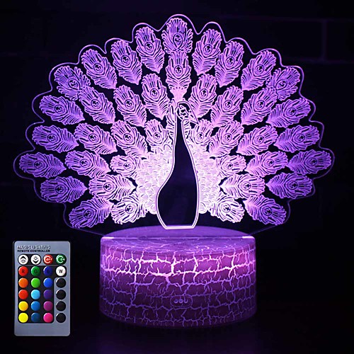 

Peacock 16 Color Changing Night Lamp 3D Atmosphere Bulbing Light 3D Visual Illusion LED Lamp for Kids Toy Christmas Birthday Gifts (Peacock)