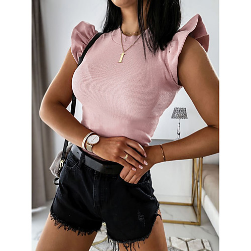 

Women's Blouse Solid Colored Ruffle Short Sleeve Daily Tops Basic Black Blushing Pink